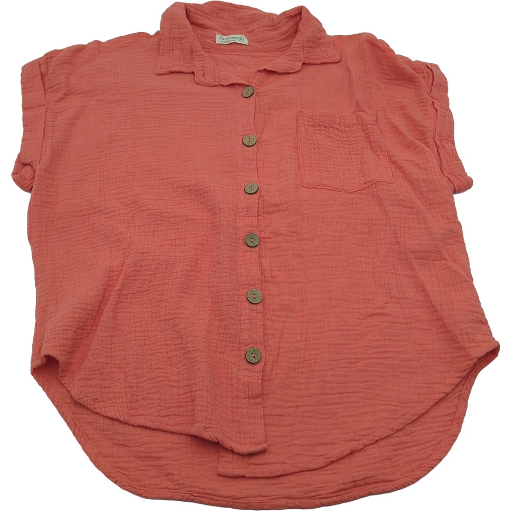 Just Living Women Coral Pink Cotton Gauze Button Down Shirt Pocket Medium